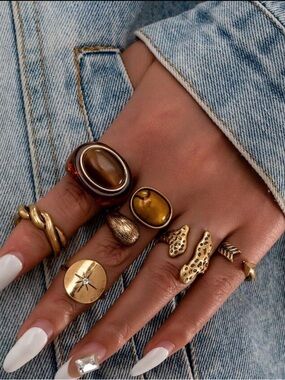 🔥🔥🆕6pc Vintage Antique Gold-Tone Mixed Ring Set Brown Stone Accents